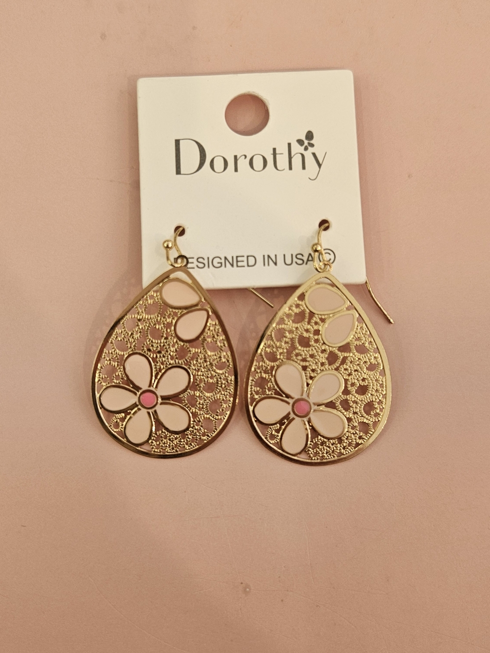 Gold and Pink Floral Teardrop Earrings - Picture 2 of 4